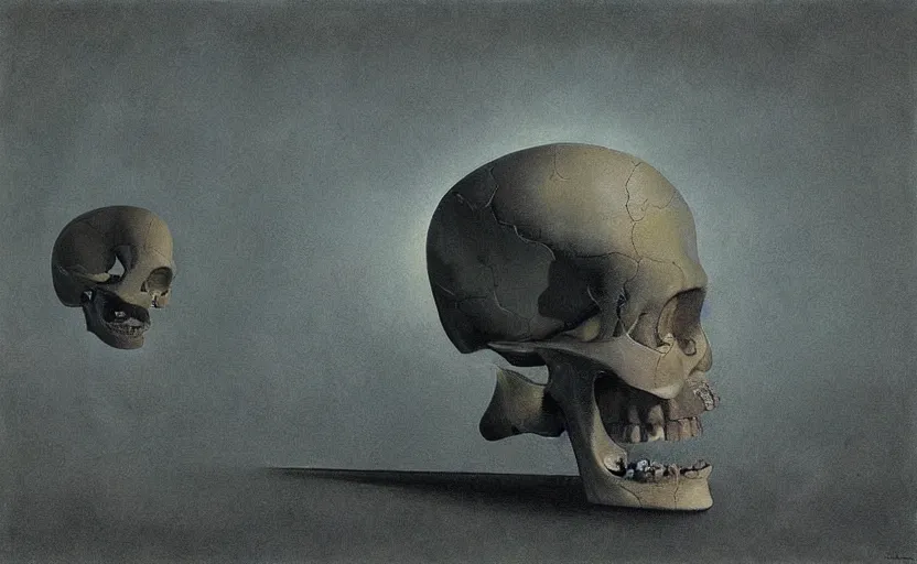 Prompt: a surrealistic painting of the slate theory origin and a human skull, in the style of rene magritte and zdzislaw beksinski and mark ryden, digital art, detailed masterpiece