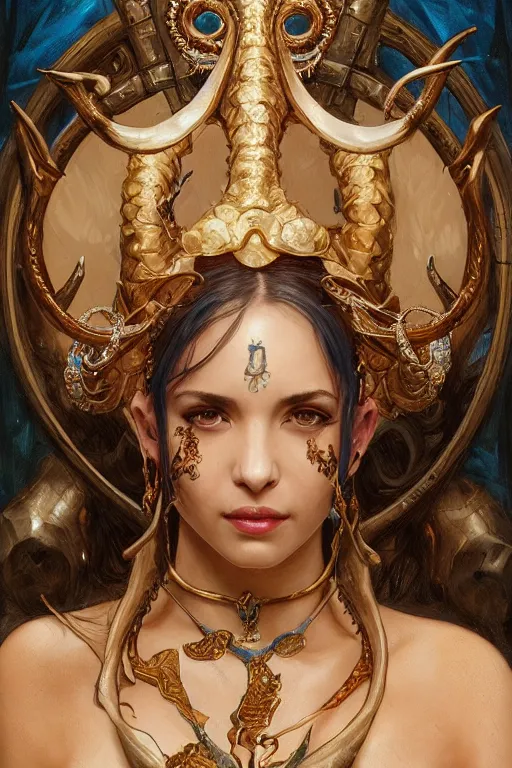 Image similar to a beautiful woman with deep blue skin, big natural ram horns on her head, flowing dress, gold jewellery, dnd, face, fantasy, intricate, elegant, highly detailed, digital painting, artstation, concept art, smooth, sharp focus, illustration, art by artgerm and greg rutkowski and alphonse mucha