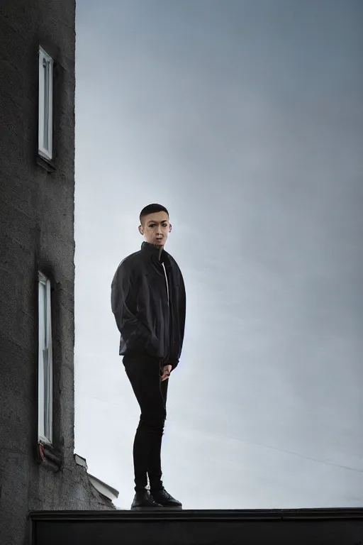 Image similar to un ultra high definition studio quality photographic art portrait of a young man standing on the rooftop of a british apartment building wearing soft padded silver pearlescent clothing. three point light. extremely detailed. golden ratio, ray tracing, volumetric light, shallow depth of field. set dressed.