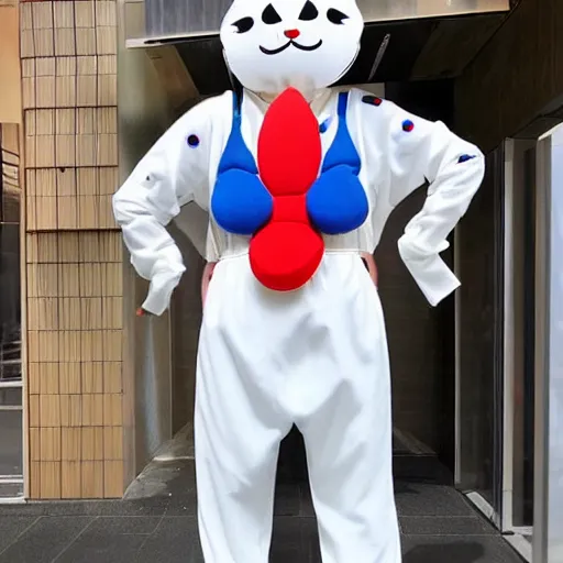 Image similar to 35mm of a very cute, minimal, adorable and creative Japanese mascot character costume, full body view, very magical and dreamy, designed by Gucci,kawaii, magical details