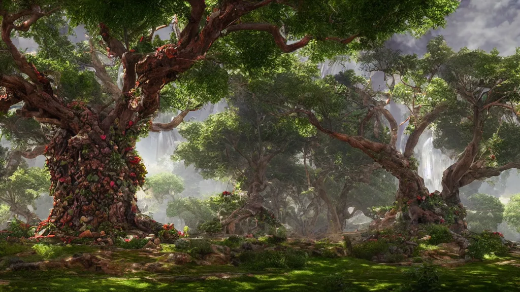 Prompt: 3d rendering of fantasy tree of life in garden of eden, hd, hdr, unreal engine 5, cinematic 4k wallpaper, 8k, ultra detailed, high resolution, artstation