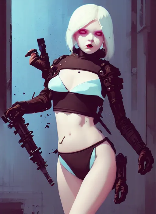 Image similar to portrait of cute goth maiden girl in cyber bikini armor, face by ilya kuvshinov, warhammer, cyberpunk, by atey ghailan, by greg rutkowski, by greg tocchini, by james gilleard, by joe fenton, by kaethe butcher, dynamic lighting, gradient light blue, brown, blonde cream and white color in scheme, grunge aesthetic