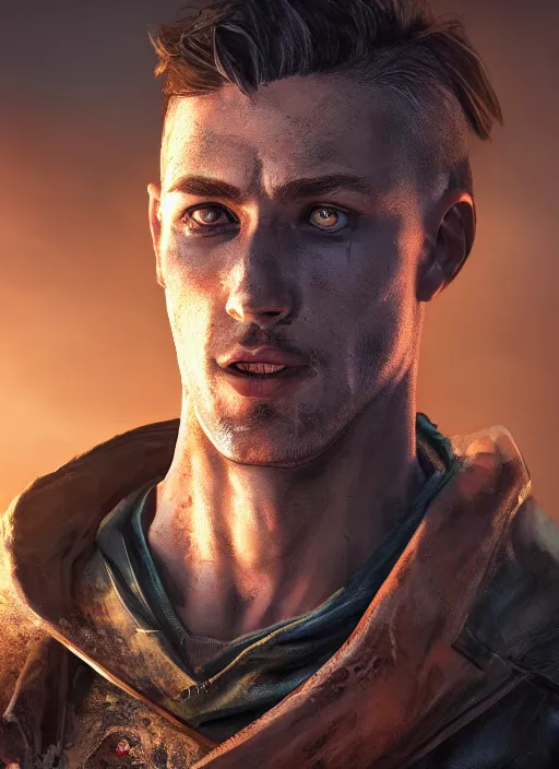 Image similar to A comic book style portrait painting of a male ranger in a post apocalyptic setting, unreal 5, DAZ, hyperrealistic, octane render, RPG portrait, dynamic lighting