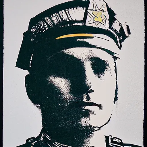 Prompt: screenprint solarized portrait of a cop in riot gear by andy warhol