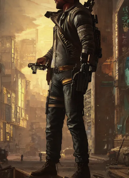 Image similar to arthur morgan. cyberpunk mercenary with tattoos wearing a military vest and combat jumpsuit. (Cyberpunk 2077, bladerunner 2049). Iranian orientalist portrait by john william waterhouse and Edwin Longsden Long and Theodore Ralli and Nasreddine Dinet, oil on canvas. Cinematic, hyper realism, realistic proportions, dramatic lighting, high detail 4k