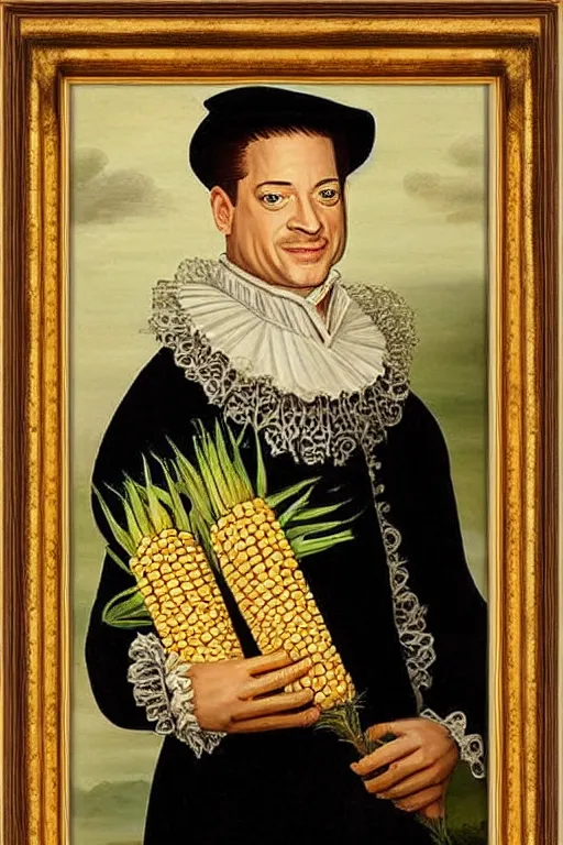 Image similar to a 1 6 0 0 s framed portrait painting of brendan fraser holding corn, intricate, elegant, highly detailed