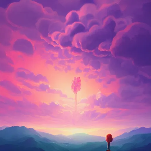 Prompt: giant carnation flower as a head, girl hiking in the mountains, surreal photography, sunrise, dramatic light, impressionist painting, colorful clouds, digital painting, artstation, simon stalenhag