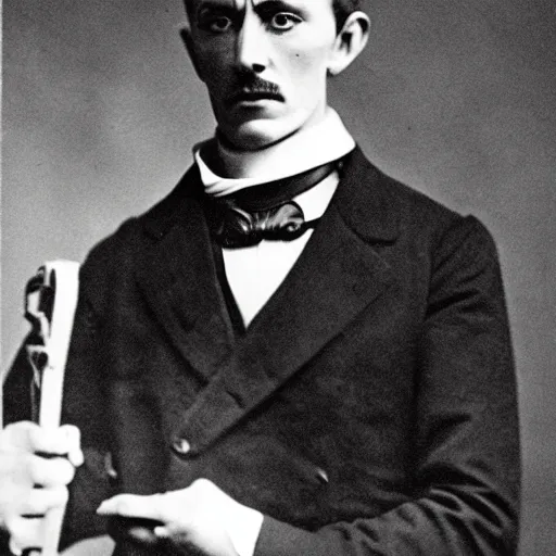Prompt: nicolas tesla holding a weapon photo - realistic