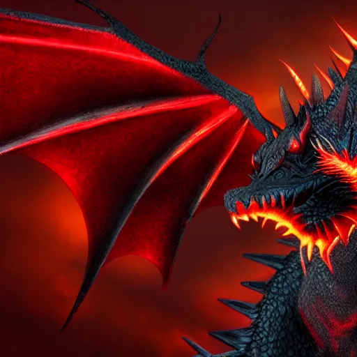 Image similar to dragon,big,monster,beast,furry,red,black,realistic render,spike,light,back round, four wings,fire,