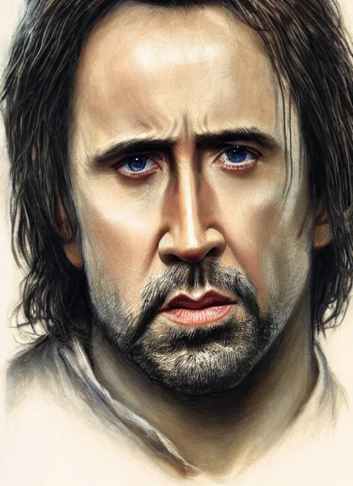 Prompt: portrait of nicolas cage as aragorn, by alan lee, lord of the rings, smooth, detailed terrain, oil painting, matte painting, concept art, trending on artstation, promotional artwork, film still, elegant, photorealistic facial features, intricate, detailed face, cinematic lighting