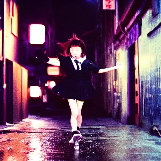 Image similar to 1990s perfect 8K HD professional cinematic photo of close-up japanese schoolgirl jumping in dystopian alleyway with neon signs, at evening during rain, at instagram, Behance, Adobe Lightroom, with instagram filters, depth of field, taken with polaroid kodak portra