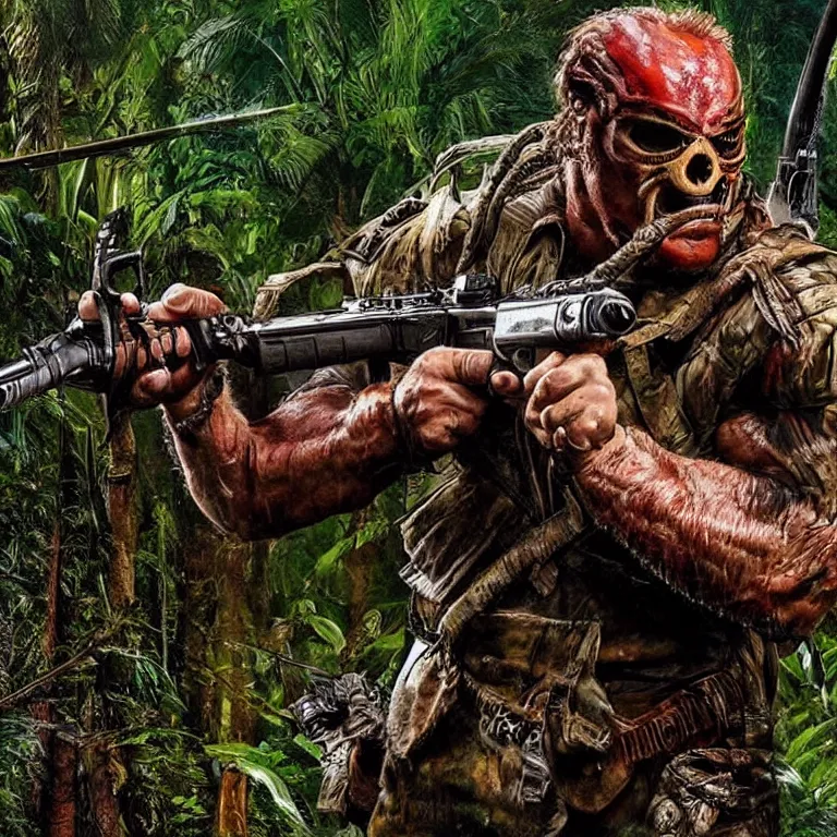 Prompt: seth rogan as arnold schwarzenegger in predator with rifle in the jungle, photo - realism, realism, predator, jungle camo