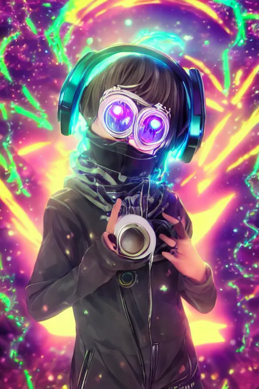 Image similar to portrait of an 3d anime character with cute sparkly eyes wearing a psychedelic holographic hoodie and headphones, long hair with pastel colors, wearing a cute face gas mask in the style of code vein by Kurumi Kobayashi Koichi Itakura, 3d anime, octane render, dynamic dramatic lighting, with glitch and chromatic abbreviations, artstation, cgsociety, imaginefx, by anime concept artist, rendered in unreal engine, by WENJR, WLOP, artgerm