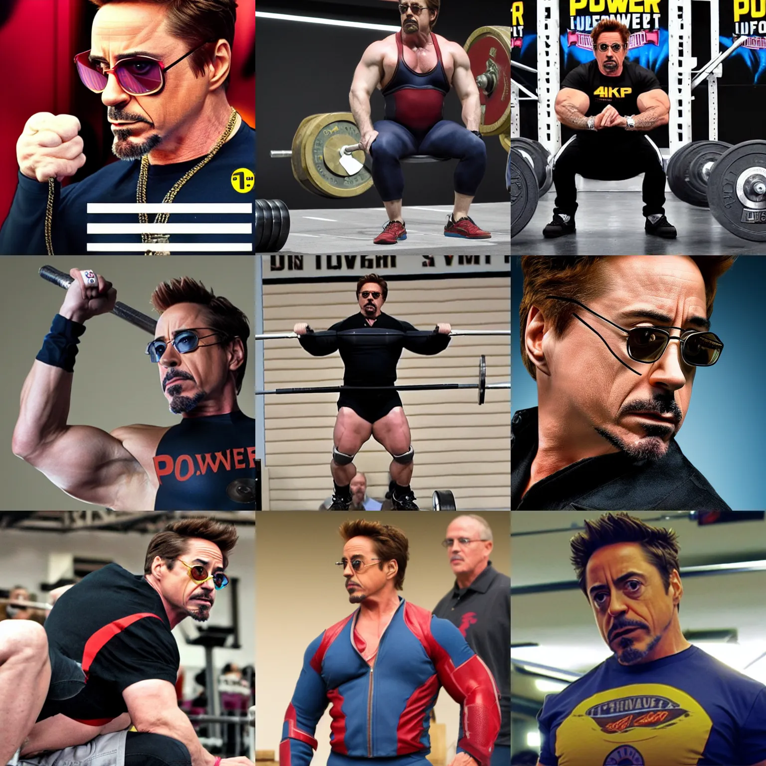 Prompt: robert downey jr as a powerlifter, 4 k hd