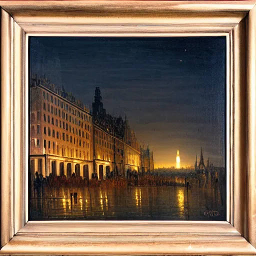 Image similar to city, night, dramatic light, oil painting, by caspar david friedrich