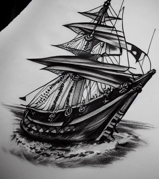 Image similar to A realistic tattoo design sketch of a pirate ship, paper background, black and white, highly detailed tattoo, shaded tattoo, hyper-realistic tattoo