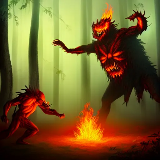 Prompt: fire magician fighting a monster in a misty forest, highly detailed, wlop style, artstation, soft light, sharp focus, illustration