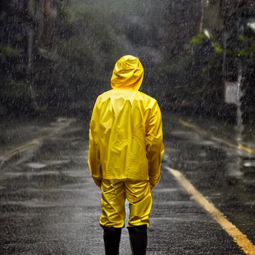 Prompt: award winning photograph of a man with a yellow jacket in the rain, extreme details, sharp focus