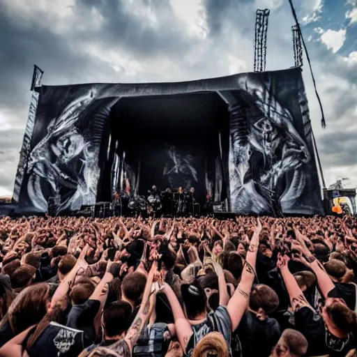 Image similar to lorna shore taking the stage at the hugest festival in the world, giant death wall, award winning photo