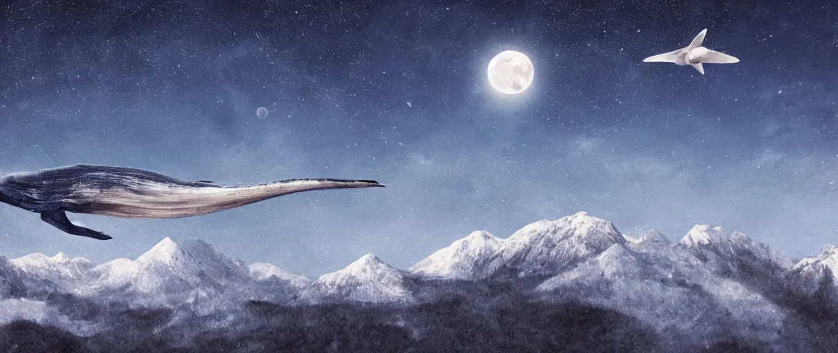 Image similar to blue whale flying in sky, above mountains, concept art, snow, starry sky, nighttime, full moon