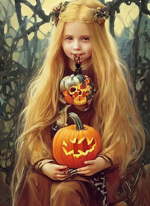 Image similar to a happy little girl with long straight golden blonde hair sitting amidst halloween decor, skulls and pumpkins. beautiful highly detailed face, beautiful painting by artgerm and greg rutkowski and alphonse mucha