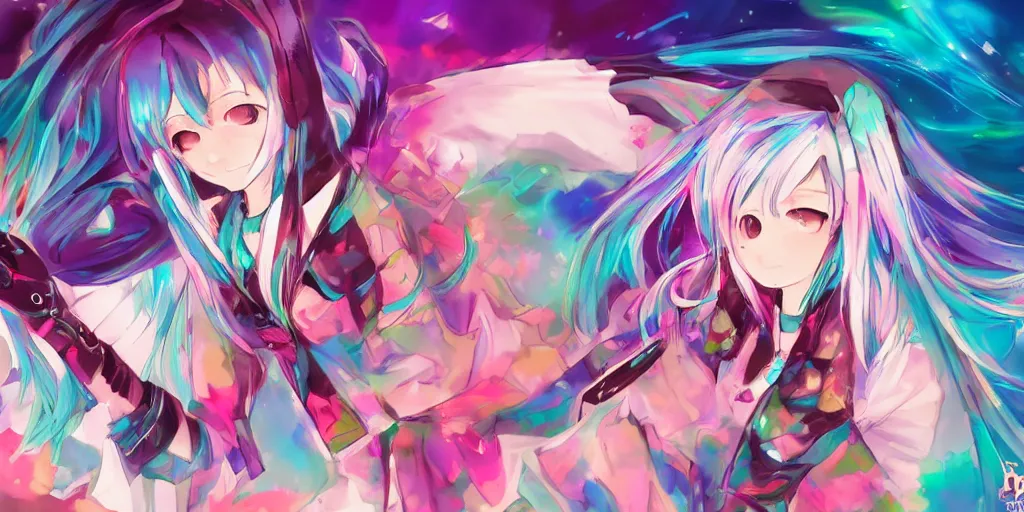 Image similar to thatsune miku , digital art, art station, tredning on art station, anime, colorful art