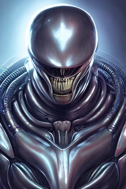 Image similar to Elon Musk as Alien Xenomorph, realistic portrait, symmetrical, highly detailed, digital painting, artstation, concept art, smooth, sharp focus, illustration, cinematic lighting, art by artgerm and greg rutkowski and alphonse mucha