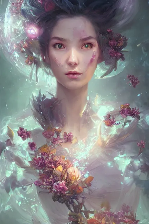 Image similar to the look of a young beautiful girl necromancer covered with crystals exploding space, 3 d render, hyper realistic detailed portrait, holding magic flowers, ruan jia, wlop. scifi, fantasy, hyper detailed, octane render, concept art, peter mohrbacher