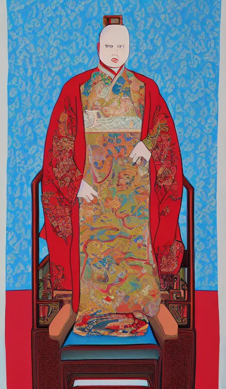 Prompt: Bobby Hill sits on his throne as emperor of Hill Dynasty China, ink and color on silk, imperial portrait