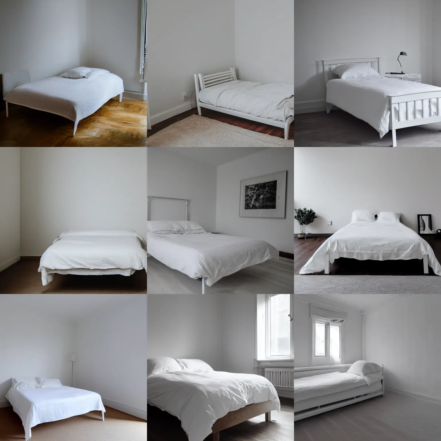 a small single white bed in the corner of a empty | Stable Diffusion ...