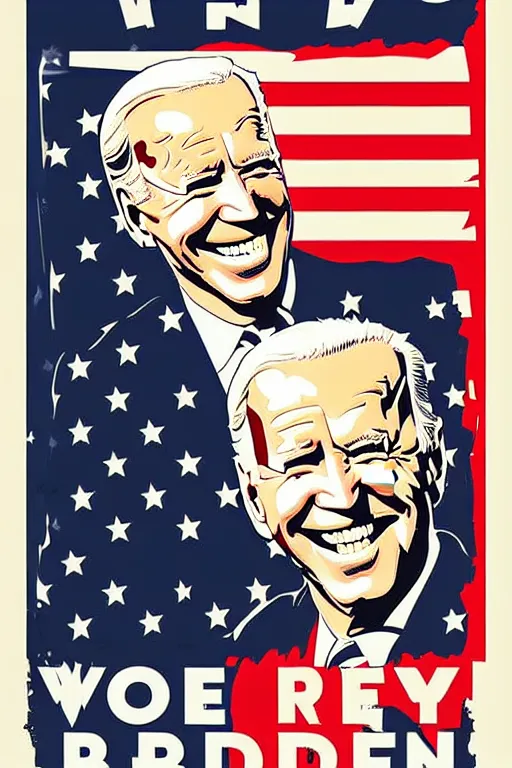 Image similar to joe biden!!!!! propaganda poster by harry ryle hopps!!!!!!!! smile, creepy!!, donald trump shitting his pants, joe biden smug face!!!! poop!!! ww 2 poster,, iconic, masterpiece, ornate and detailed, propaganda, award winning