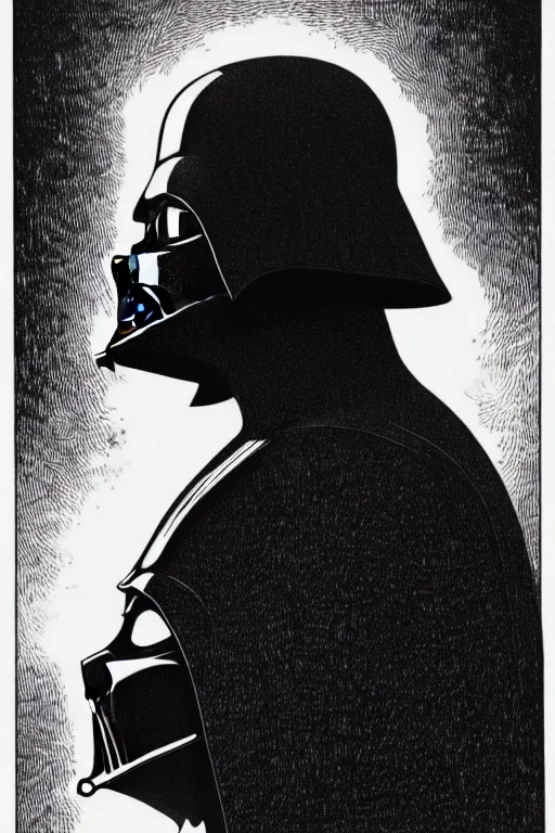 Prompt: sideview waist up portrait of darth vader by laurie greasley and rene magritte, etching by gustave dore, intricate, sharp focus, illustration, highly detailed, digital painting, concept art, masterpiece