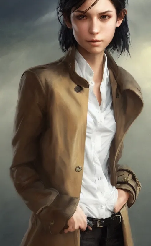 Image similar to upper body portrait of a girl from final fantasy live action, with short black hair and green eyes in a tan trenchcoat over a white shirt, award winning, masterpiece digital painting by greg rutkowski, alex grey, artstation, 4 k wallpaper,