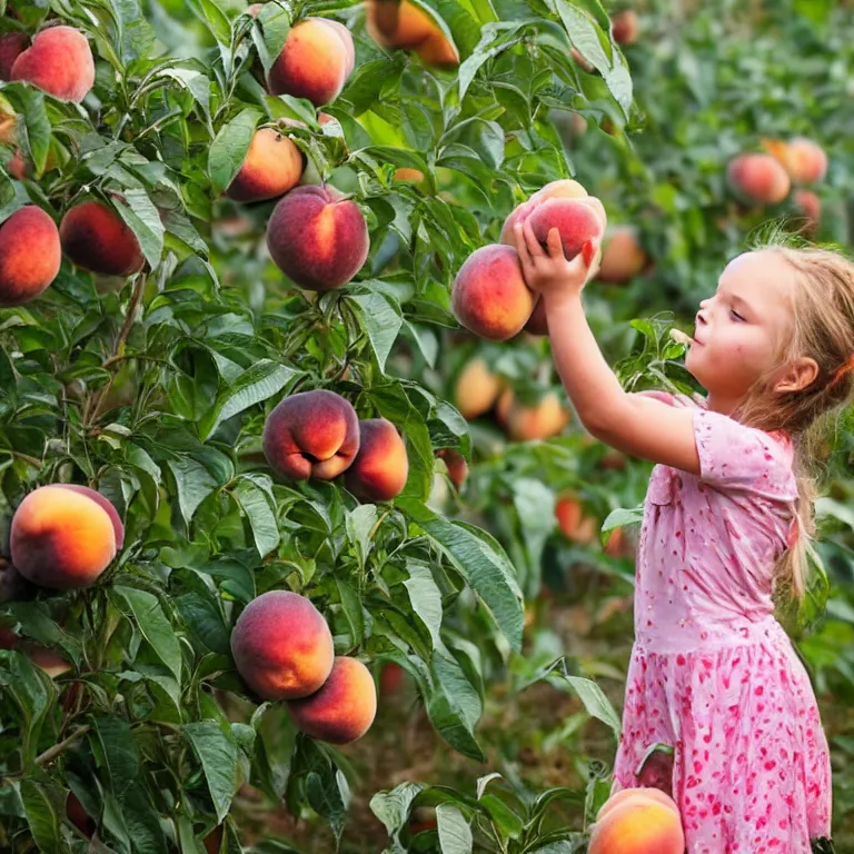 Image similar to a little girl picking peaches on another planet