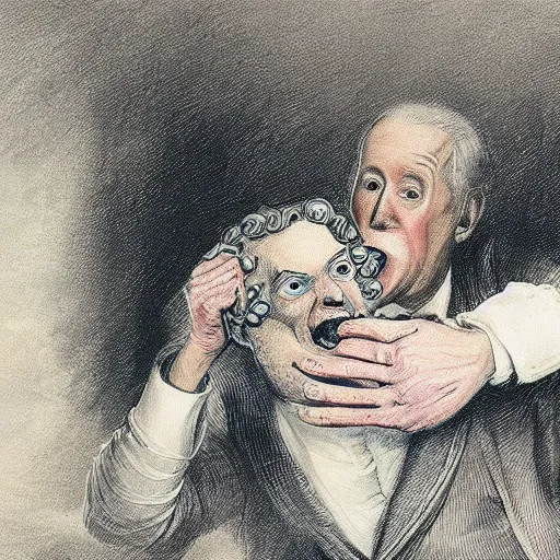 Prompt: painting of Joe Biden devouring Mitch McConnell, by Goya