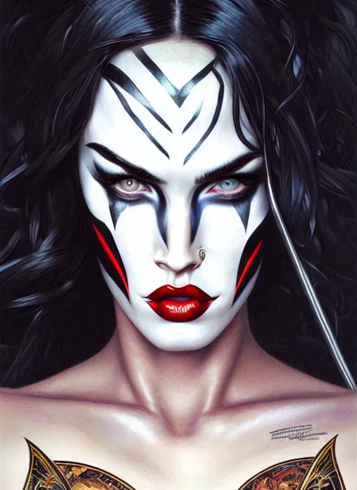 Prompt: portrait of megan fox as kiss, heavy metal, white face makeup, intricate, headshot, highly detailed, digital painting, artstation, concept art, sharp focus, cinematic lighting, illustration, art by artgerm and greg rutkowski, alphonse mucha, cgsociety