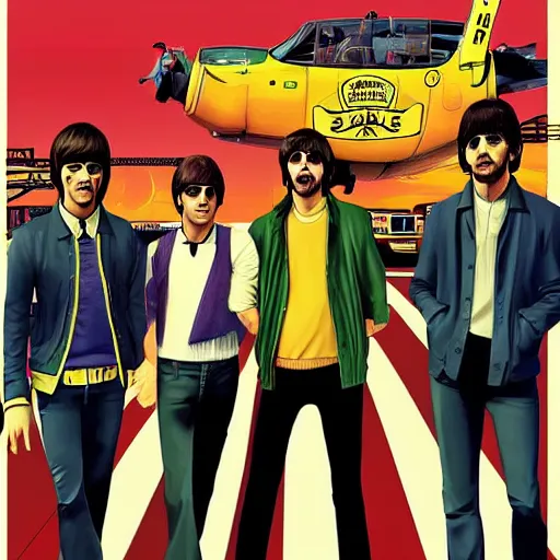 Image similar to The Beatles (1967) in GTA V, cover art by Stephen Bliss, artstation, no text