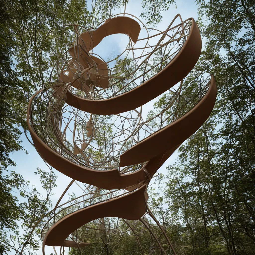 Image similar to Hyper realistic, helix shaped observation tower made by corten in forest, Future design, wide angle shot, architecture design, parametric architecture, covers by textile, environment, morning light, Cinematography, mega scans, cinematic, hyper realistic, photo real, cinematic composition, highly detailed, vray, 8k render