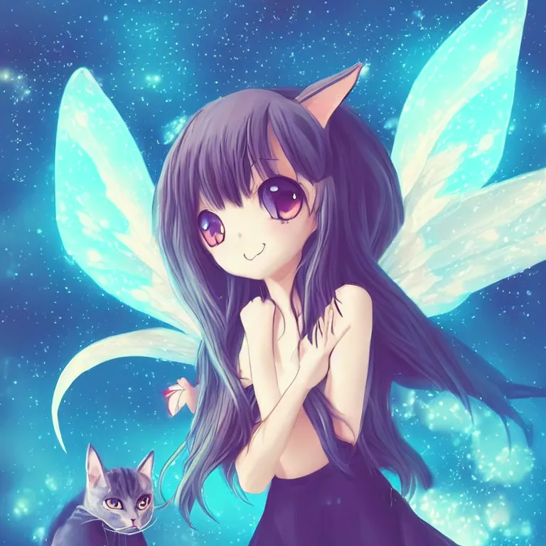 Image similar to cute, full body, female, anime style, a cat girl with fairy wings patting a dragon, large eyes, beautiful lighting, sharp focus, simple background, creative, heart effects, filters applied, illustration