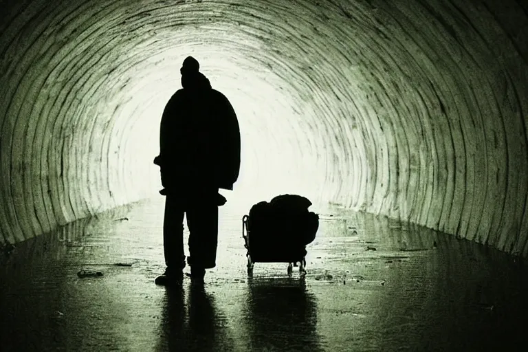 Image similar to a cinematic!! headshot photograph!! of a beautiful homeless war veteran, stood in a tunnel, rain, film still, cinematic, dramatic lighting, by bill henson