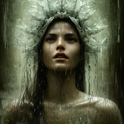 Image similar to photo realistic image of a goddess of rain, made of water, wet, stunning 3 d render inspired art by istvan sandorfi and greg rutkowski, perfect facial symmetry, realistic, highly detailed attributes and atmosphere, dim volumetric cinematic lighting,