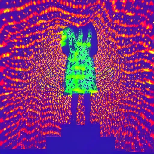 Image similar to a woman standing on steps in a field at night, a hologram by kusama, instagram, optical illusion, full body, ultra hd, neon