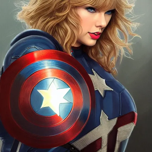 Image similar to Taylor Swift as Captain America, portrait, highly detailed, digital painting, artstation, concept art, sharp focus, illustration, cinematic lighting, art by artgerm and greg rutkowski and alphonse mucha