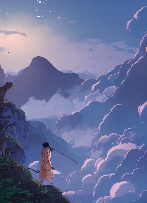 Image similar to the flim poster of a magical place around mountains and river, white spirit flying around the sky, miyazaki's animated film, ghibli studio, princess mononoke, 4 k, highly detailed, horizon view, cinematic composition, hyperdetailed,