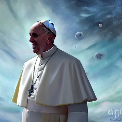 Image similar to a painting of pope francis in a new alien world, weird planet, futuristic, hd, 8 k, 4 k, ultra detailed, trending on artstation,