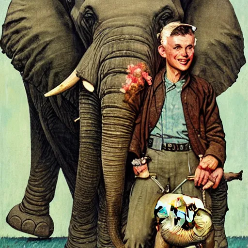 Prompt: An Aviator with a elephant at his head , art by Norman Rockwell