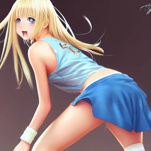 Image similar to a very beautiful young anime tennis girl, long blond hair, sky blue eyes, full round face, short smile, bikini, miniskirt, highly detailed, cinematic wallpaper by stanley artgerm lau