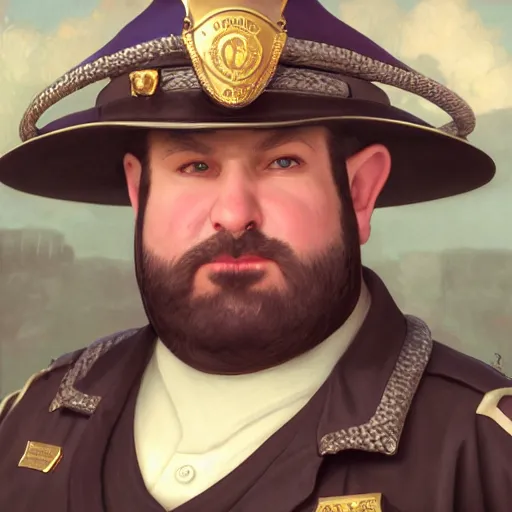 Prompt: a shifty fat high fantasy elf mall cop with a sheriff's badge, Oil Painting, hyperrealistic, octane render, Detailed Digital Art, RPG portrait, 3/4 bust, William-Adolphe Bouguereau, Michael Cheval, dynamic lighting, Highly Detailed, Cinematic Lighting, 8k, HD