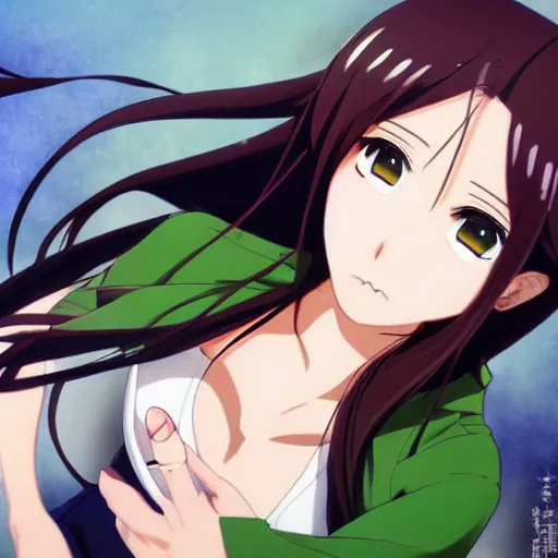 Prompt: key anime visual of a beautiful girl with brown hair and green eyes, trending on Pixiv; detailed