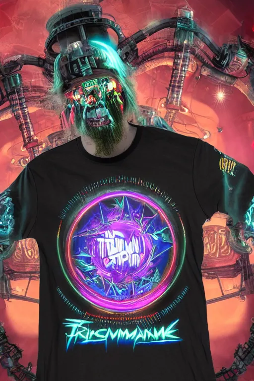 Image similar to mockup of a band tshirt, bandname is tripmachine, tourname is invasion of the tripmachines, realistic digital art, 3 d render of a huge futuristic steampunk generator, 8 k, fluorescent colors, halluzinogenic, multicolored, exaggerated detailed, unreal engine